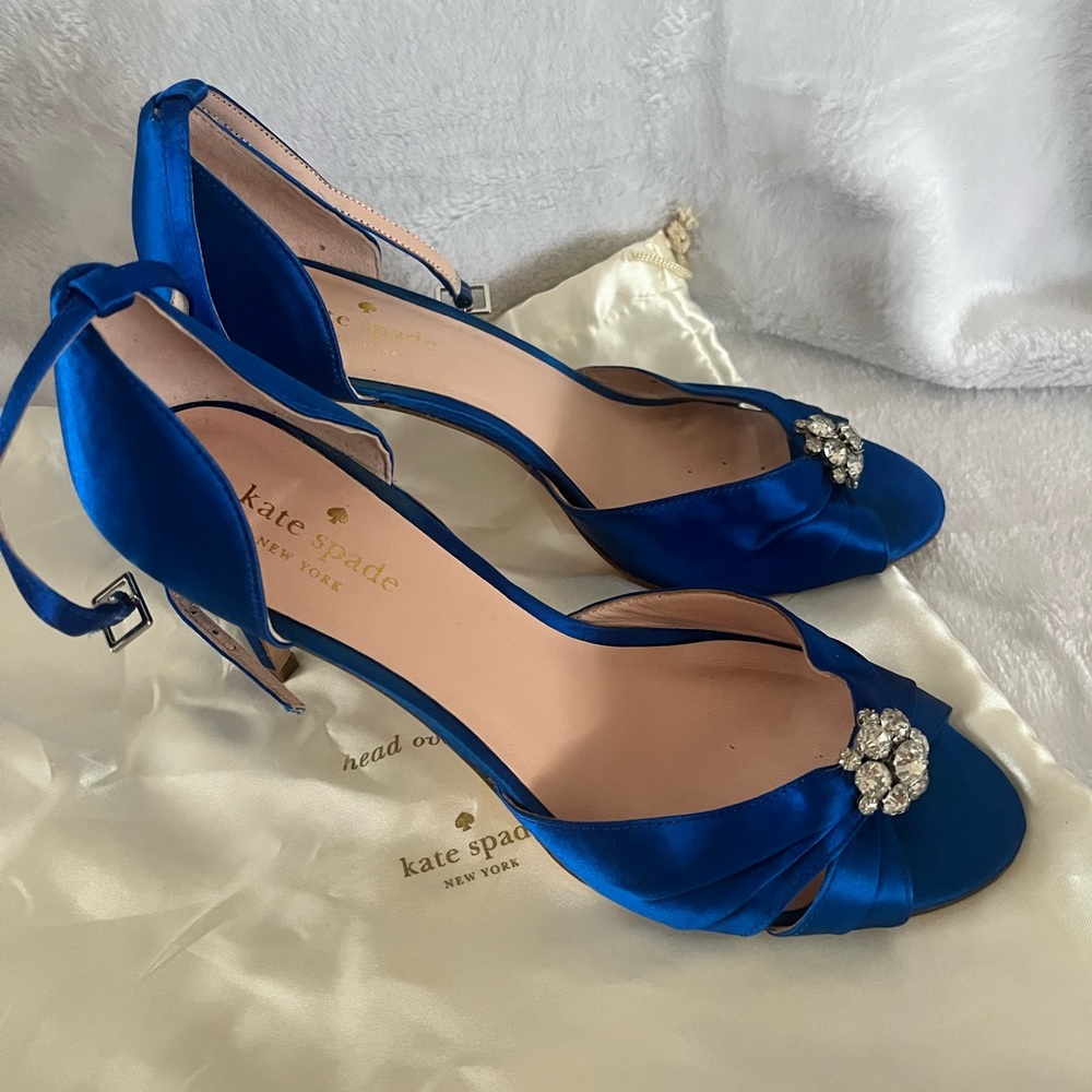 Kate spade sapphire/cobalt blue satin heels with rhinestone cluster